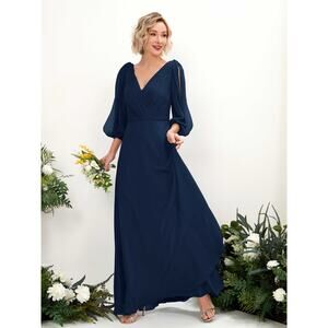 Navy Blue Pleated Chiffon V-Neck Long Sleeve Bridesmaid Formal Dress 8